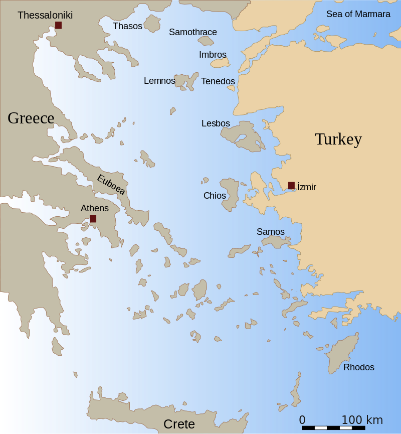 Map of Islands between Greece and Turkey, source Wikipedia 
https://en.wikipedia.org/wiki/Aegean_dispute#/media/File:Aegean_with_legends.svg